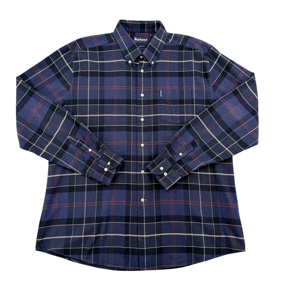 Barbour Lustleigh Plaid Button Down Shirt Navy Blue Tailored Fit Men XL Preppy